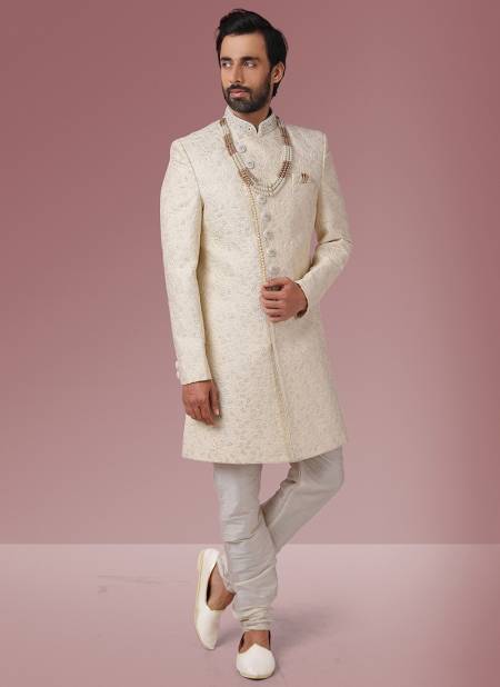 Cream Heavy Wedding Wear Jacquard Banarasi Latest Indo Western Mens Collection 1103